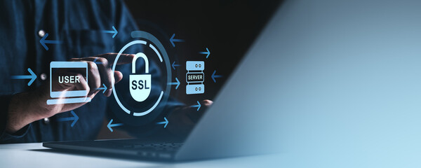 SSL cybersecurity data protection concept with padlock over laptop screen interface.