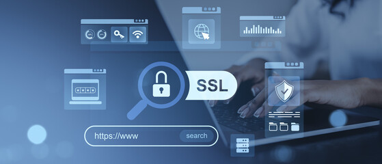 SSL certificate security concept with digital lock and browser icons on blue background.
