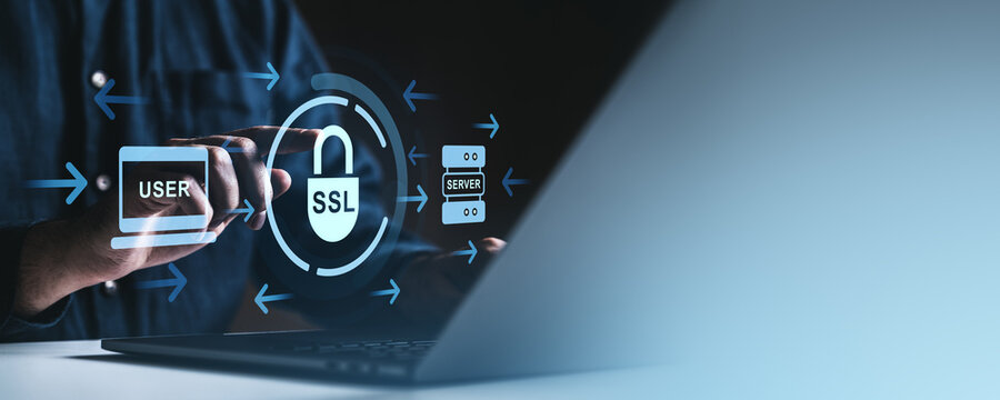 SSL cybersecurity data protection concept with padlock over laptop screen interface.