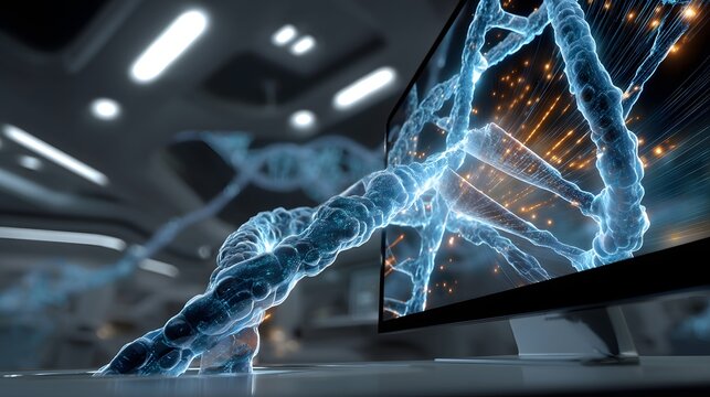 Scientist examining dna sequence on digital computer screen for genetic analysis research