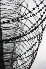 Close-up of razor wire coils against grey sky