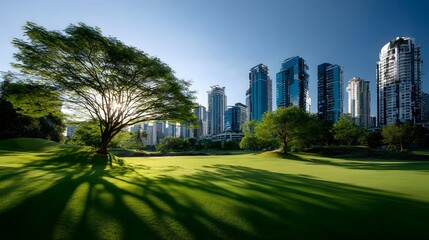 Obraz premium Beautifully lush tree standing tall in a park with a city skyline in the background