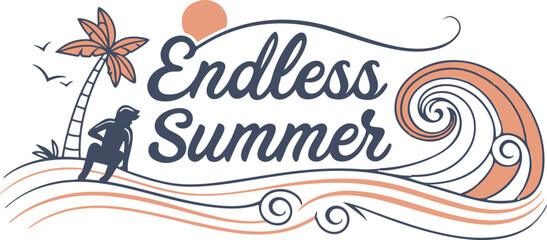 Capture the essence of summer with this retro-style beach sunset illustration featuring palm trees, a lounge chair, a surfboard, and flying birds. Designed with warm sunset hues and vintage typography