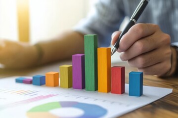 Person Holding a Pen Pointing Colorful Financial Charts, Analysis, Business Activities. Professional is Analyzing a Bar Graph, Data Trends, Report. Businessman Analyzing Document. Growth. Investment