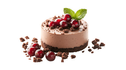 A chocolate cake with cherries and mint leaves on a white background in studio light