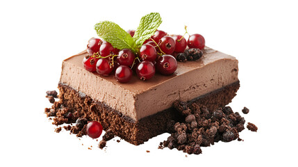 A square slice of chocolate cake with red currants and mint on a white background close up