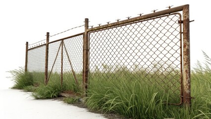 Fototapeta premium Rusty Chain Link Fence with Overgrown Grass in Abandoned Area