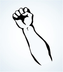 Raise hold victory rage riot resist leader worker winner palm line on white. Outline black drawn rebel tough attack win part boom logo emblem icon concept sketch in retro pop art poster vector style
