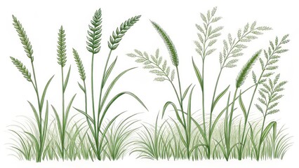 Fototapeta premium Detailed Illustration of Various Grasses and Wheat Stalks in Nature