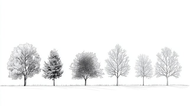 The traditional cad tree line drawing is shown in side view, with graphic trees elements in outline. This is a modern illustration in stroke fill of white and is suitable for architecture and