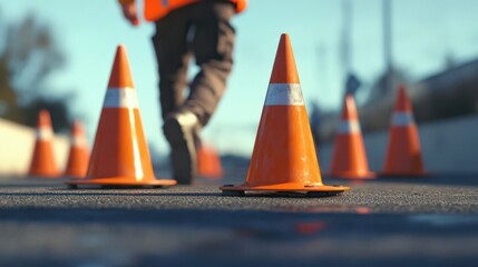 Orange traffic cones on asphalt with blurred worker in uniform walking nearby, symbolizing highway safety and roadwork, close-up with copy space.