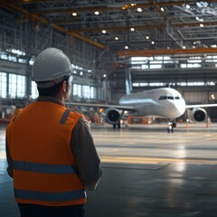 Fototapeta premium An engineer wearing an orange safety vest and a white hard hat stands in the foreground, with their back to the viewer, looking at an airplane inside a hangar.