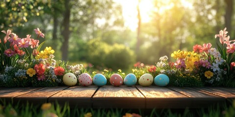 Obraz premium Colorful Easter eggs arranged on a wooden surface surrounded by blooming flowers in a sunlit garden