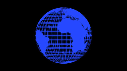 Blue Wireframe Globe of Earth on Black Background Illustration