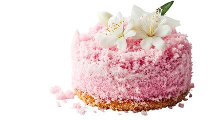 Close up shot of a pink cake decorated with white flowers on an isolated white background
