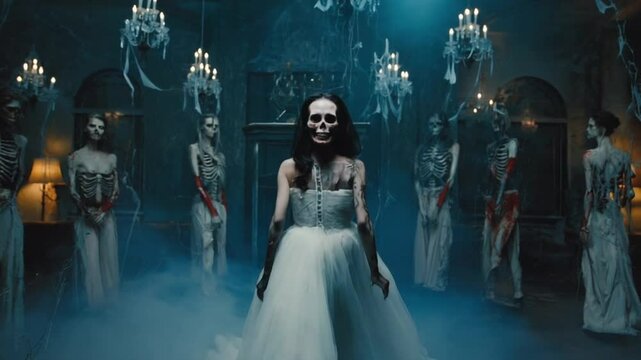 Abandoned gothic ballroom, chandeliers, dusty decayed, zombie woman in vintage wedding dress dancing alone, creepy smile turns face camera, dried blood face dress, cinematic horror lighting