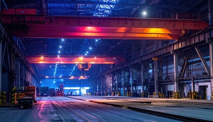 Naklejka premium Industrial Warehouse with Crane and Dramatic Lighting Effects