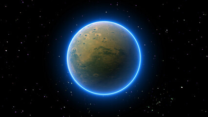 Exoplanet with a Glowing Atmosphere in Deep Space with Starfield