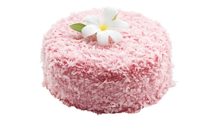 A pink frosted cake covered in coconut flakes and topped with a white flower on white background