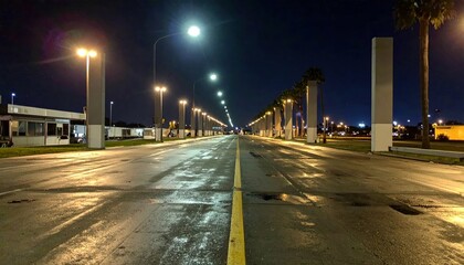 Nighttime Urban Scene with Wet Road and Streetlights at Dusk