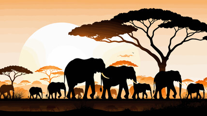 Obraz premium Elephant_Family_Silhouette_at_Sunset_in_African_Savanna_Wildlife_Animals_Trees_and_Orange_Sky_Beautiful_African_Landscape_170