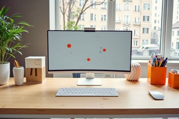 Obraz premium Modern home workspace with ultrawide monitor and minimalist decor