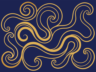 Abstract Gold Swirls on Navy Blue Background - Elegant Vector Design