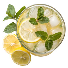 refreshing lemon and mint drink with ice cubes in a clear glass, featuring vibrant lemon slices and fresh mint leaves, ideal for summer beverage visuals, isolated on white or transparent background