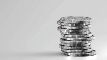 Silver coin stack in minimalist vertical layout, showcasing clean and modern aesthetic. coins reflect light beautifully, creating sense of elegance and value