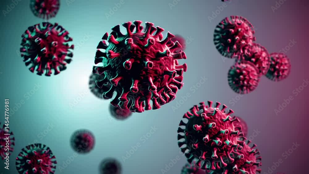 Poster microscopic viral particles drifting dynamically, visualizing complex infectious disease progression