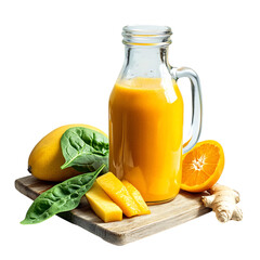 Glass Pitcher of Orange Juice with Fresh Oranges Isolated on Transparent Background