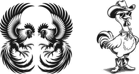 Cockfighting and cowboy chicken, vector illustration.