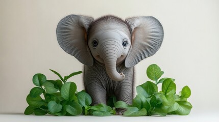 Adorable baby elephant standing behind a leafy green plant, featuring floppy ears and short trunk on a transparent background, PNG image, PNG file.