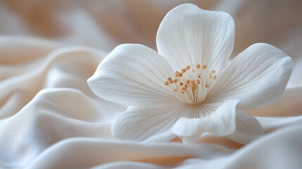 Fototapeta premium Delicate floral arrangement, showcasing a five-petal blossom with prominent stamens on textured fabric, minimal color palette on a transparent background, PNG image, PNG file.