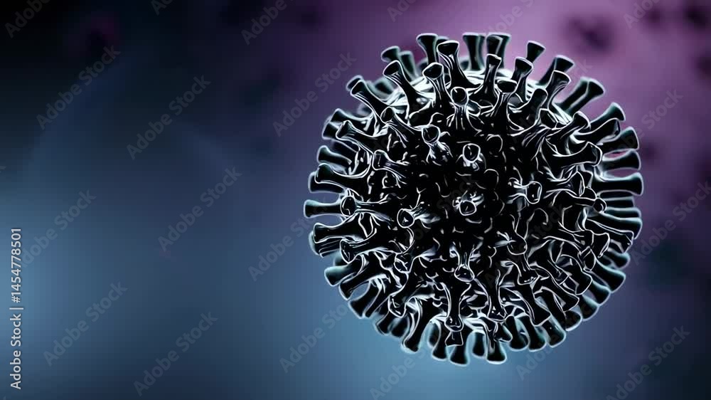 Aufkleber Microscopic view of a coronavirus particle rotating slowly against a gradient background, from dark blue to purple and pink, providing a detailed visualization of its structure