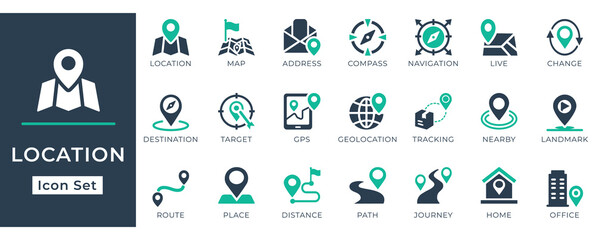 Location icon set in modern flat style featuring map, address, compass, navigation, GPS, destination, target, route, tracking, geolocation, journey, and home symbols.