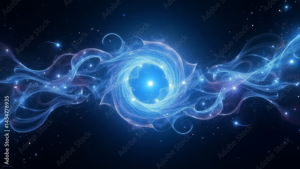 Wall mural cosmic blue light swirls in glowing background with stars and nebula creating mystical and vibrant s