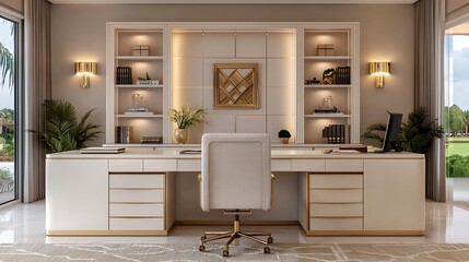 Fototapeta premium Luxurious Home Office Interior with Modern Desk, Cream Chair, Bookshelves, and Natural Light Filling the Room