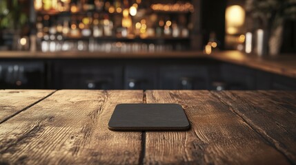 Beer coaster mockup placed on a wooden table with a blurred bar background, perfect for logo and branding designs.