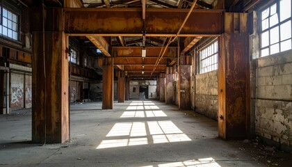 Abandoned Industrial Warehouse Interior with Rusty Steel Beams