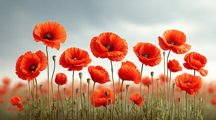 Fototapeta premium Row of American flags waving sky soft clouds field poppies Ultra HD design space patriotic freedom stars stripes banner symbol national pride USA