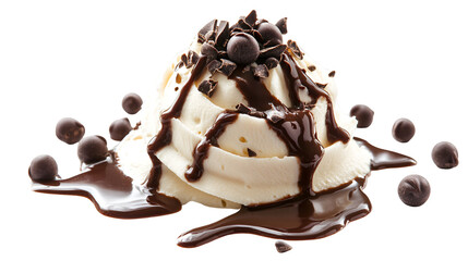 A close up of ice cream with chocolate sauce and chocolate chips on a white background