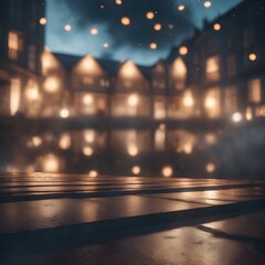 Romantic City Square at Night with Bokeh Lights and Reflections
