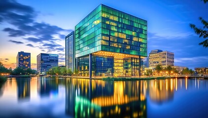 Fototapeta premium In the center are modern glass - curtain - wall buildings reflecting green and warm yellow lights. There is a calm water area in front reflecting the buildings. 
