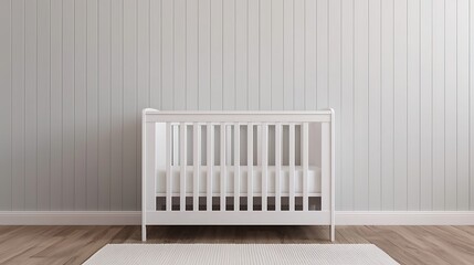 Minimalist interior scene featuring a white crib against a panelled wall with wooden flooring and a soft rug.