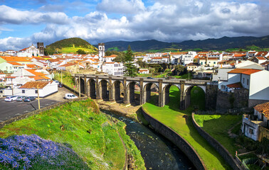 Aerial view of Ribeira Grande Cityscape with Historic Aqueduct on São Miguel Island, Azores, Portugal