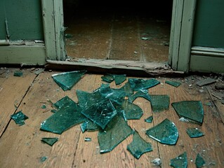 Broken glass fragments scattered on a wooden floor.