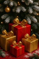 Festive Christmas Presents with Golden Ribbons Under a Full Holiday Tree