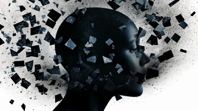 Dark particles exploding from woman head, symbolizing mental health issues, stress, depression, anxiety, or other psychological disorders, isolated on white background