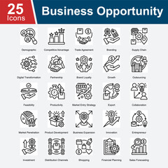Business Opportunity is a collection of icons representing strategies for identifying and leveraging business opportunities, focusing on growth, expansion, investment, and market strategies.